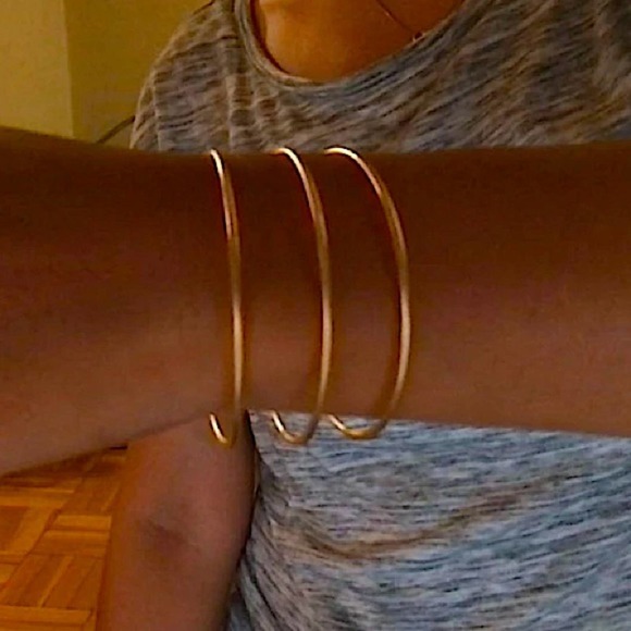 Gold Plated Thin Minimalist Bangle Bracelet Set of Three - Picture 3 of 7